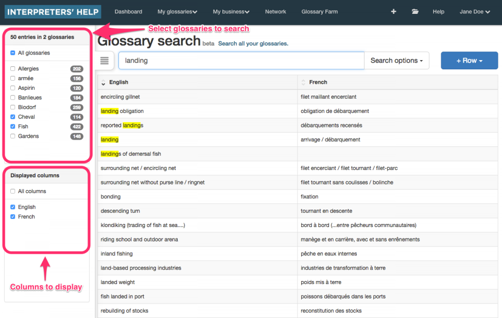 Glossary search for glossaries lookup