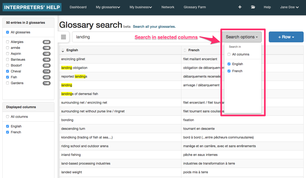 Glossary search: terminology search engine